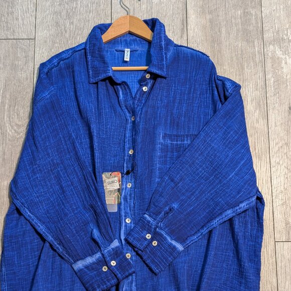 Indigo Hand-Dyed Look Button-Up Blouse | 100% Cotton, Raw Edges, Size 1X (NWT) - Picture 8 of 14
